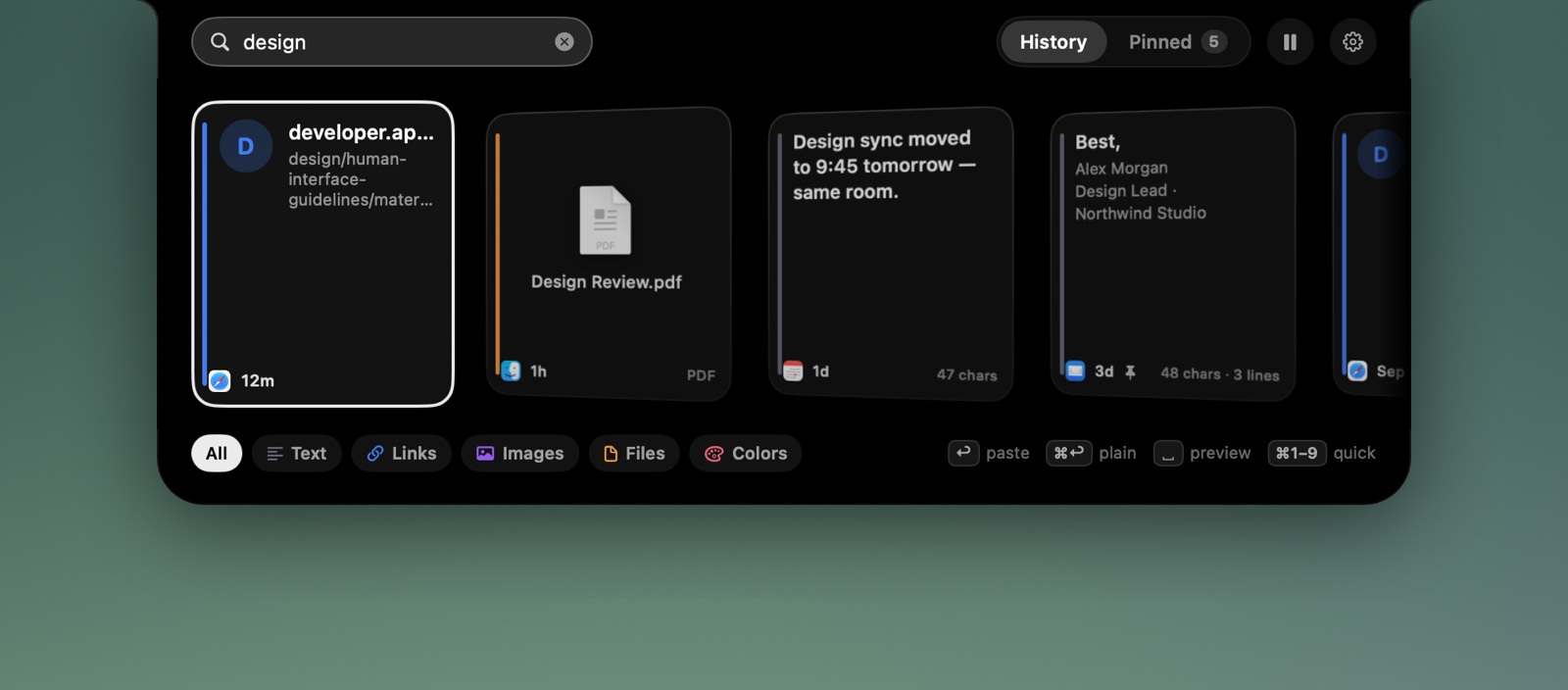Searching the xcv island for “design”: the cards narrow to a link, a PDF, a calendar note and an email signature.